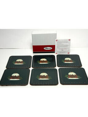 Vtg Pimpernel Christmas Pudding Coasters Set 6 Original Box England Cork Teal